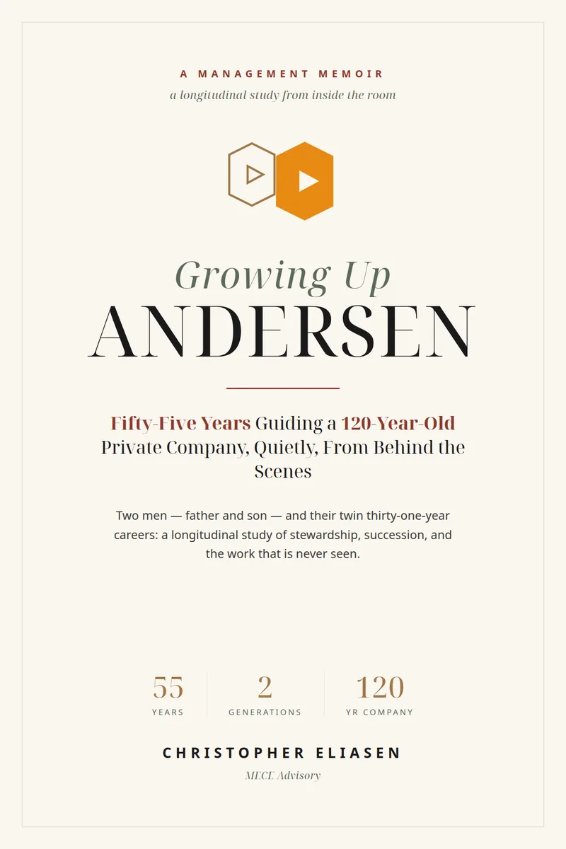 Cover of Growing Up Andersen by E. Christopher Eric, coming soon — opens meceadvisory.com